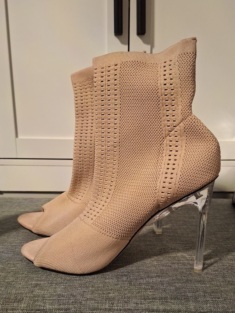 Catherine Malandrino Beige Knit Peep-Toe Sock Booties with Clear Heel